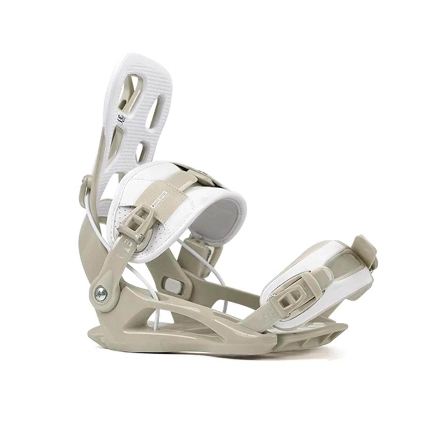 Snowboard bindings with beige and white design on a white background