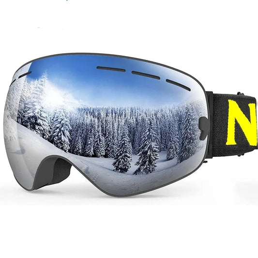 Snow goggles with reflective lens showing a snowy landscape, branded with NATFIRE on a white background.
