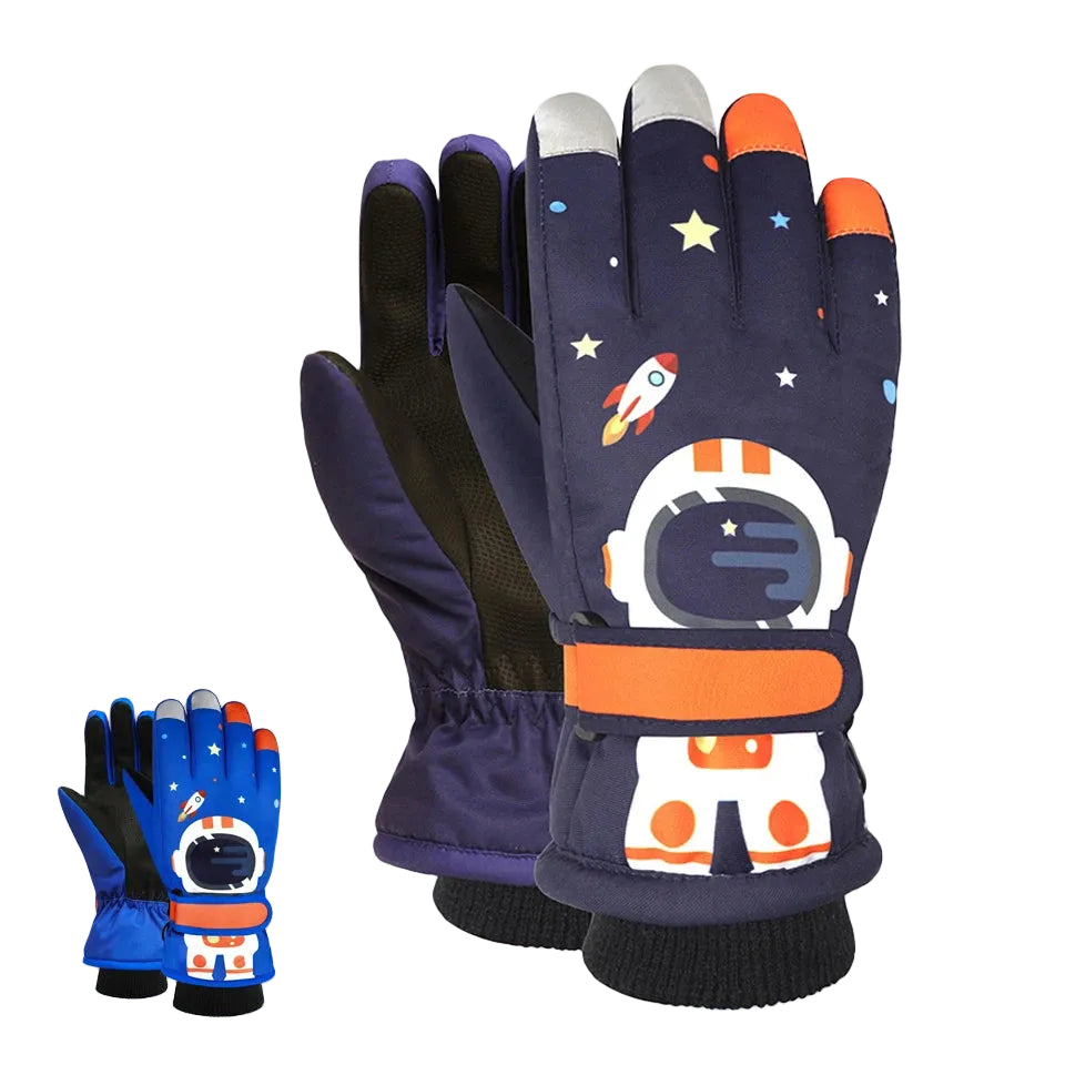 Space-themed gloves with astronaut design on a white background.