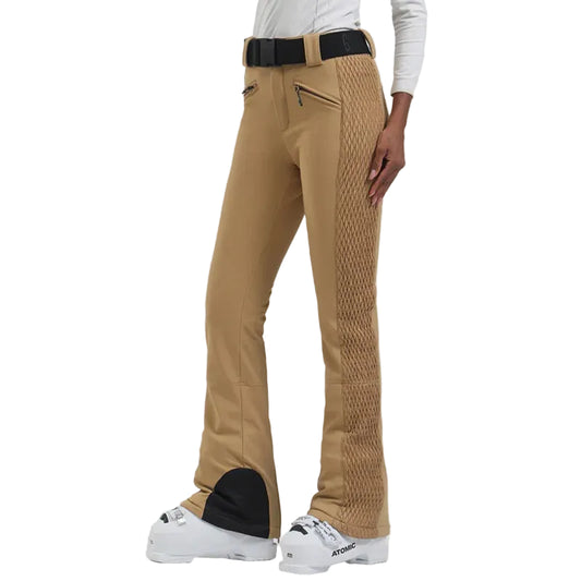Tan snow pants with black mesh panels worn by a person on a white background