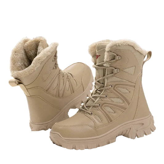 Tan winter boots with fur lining on a white background