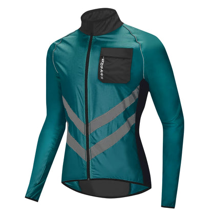 Teal cycling jacket with reflective stripes on a white background