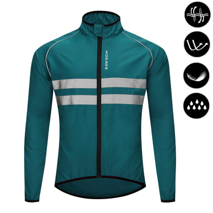 Teal cycling jacket with reflective stripes on a white background