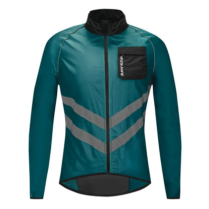 Teal cycling jacket with reflective stripes on a white background