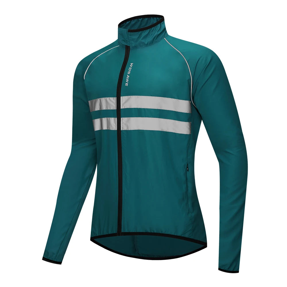 Teal cycling jacket with reflective stripes on a white background