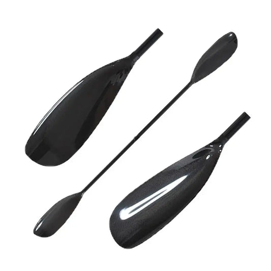 Three black kayak paddles on a white background