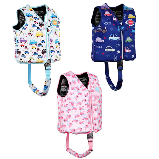 Three colorful children's life vests with vehicle patterns on a white background