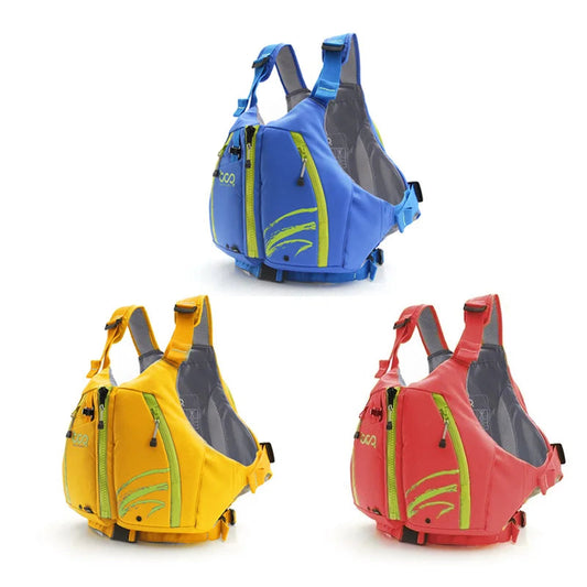 Three colorful life vests in blue, yellow, and red on a white background.