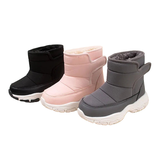 Three pairs of winter boots in black, pink, and white background