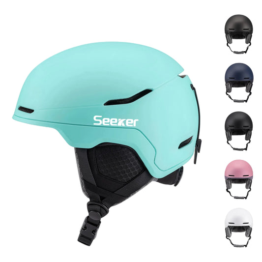Turquoise helmet with 'Seeker' branding, surrounded by other color options on a white background.