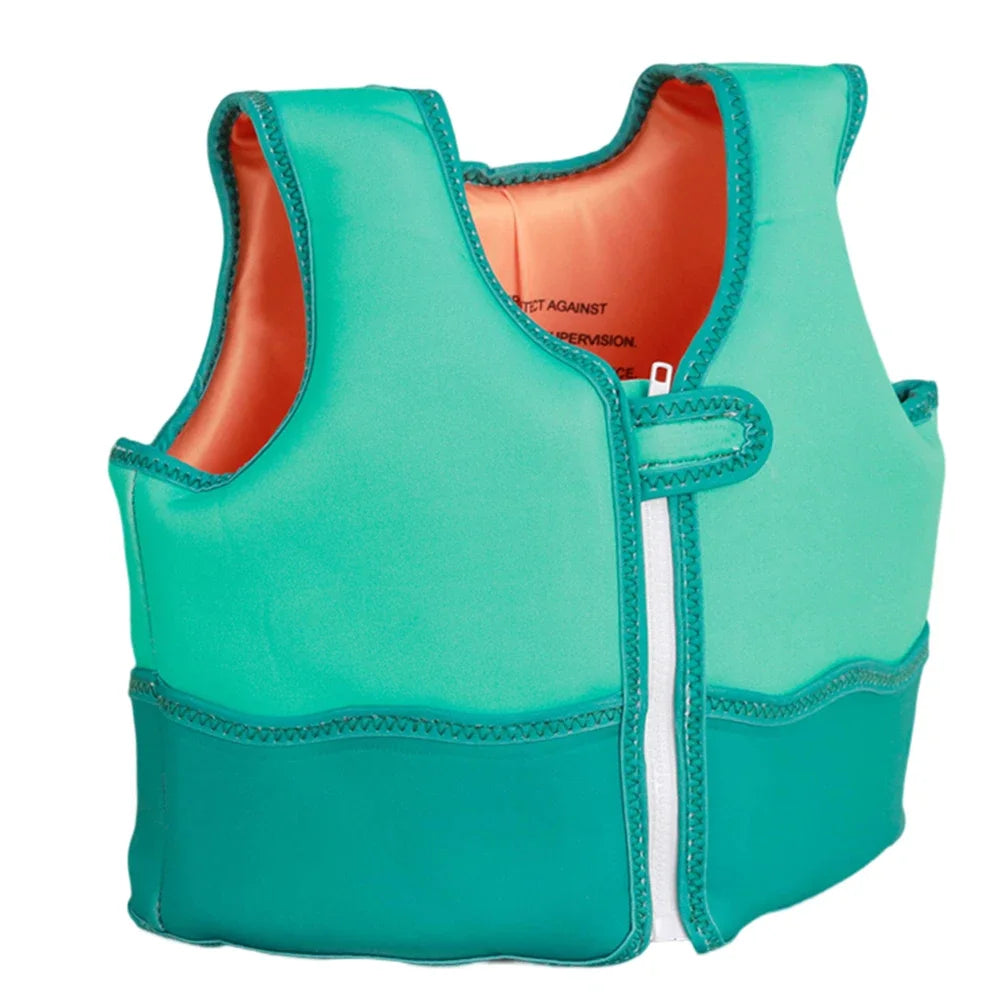 Turquoise life jacket with orange interior on a white background