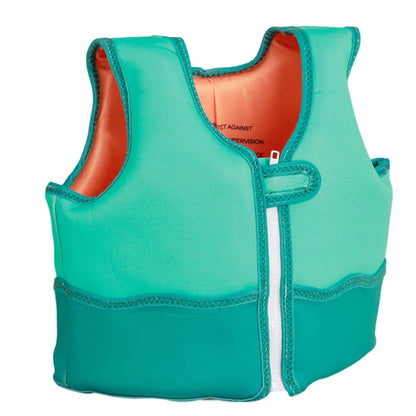 Turquoise life jacket with orange interior on a white background