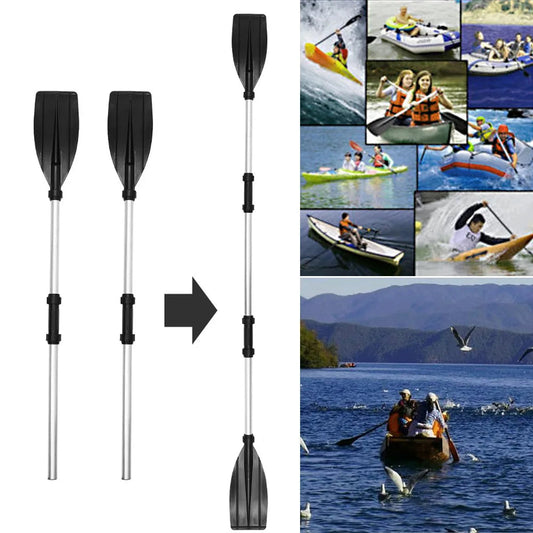 Two adjustable kayak paddles with images of people enjoying water activities on boats.
