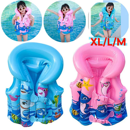 Two inflatable life jackets, one pink and one blue, with cartoon designs on a pool background.