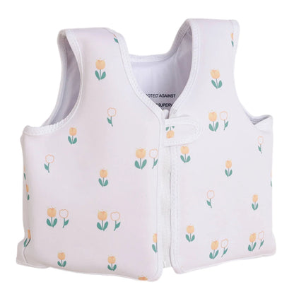 White children's life jacket with floral pattern on a white background