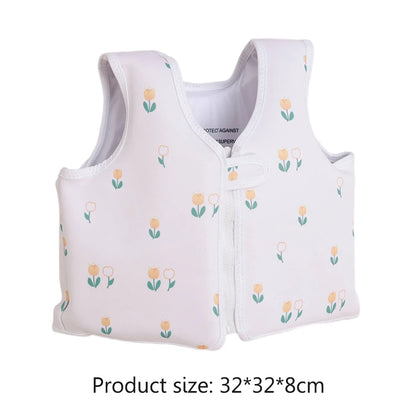 White children's life jacket with floral pattern on a white background