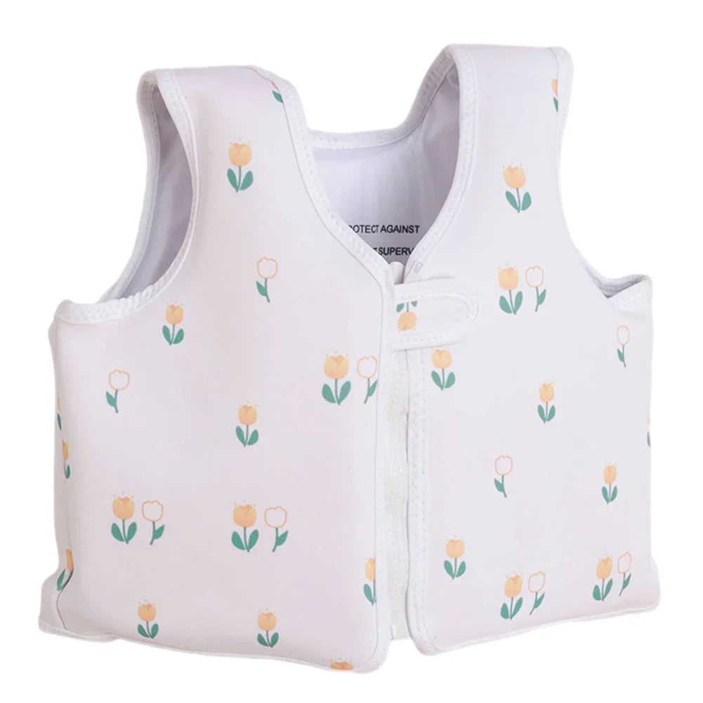 White children's vest with floral pattern on a white background