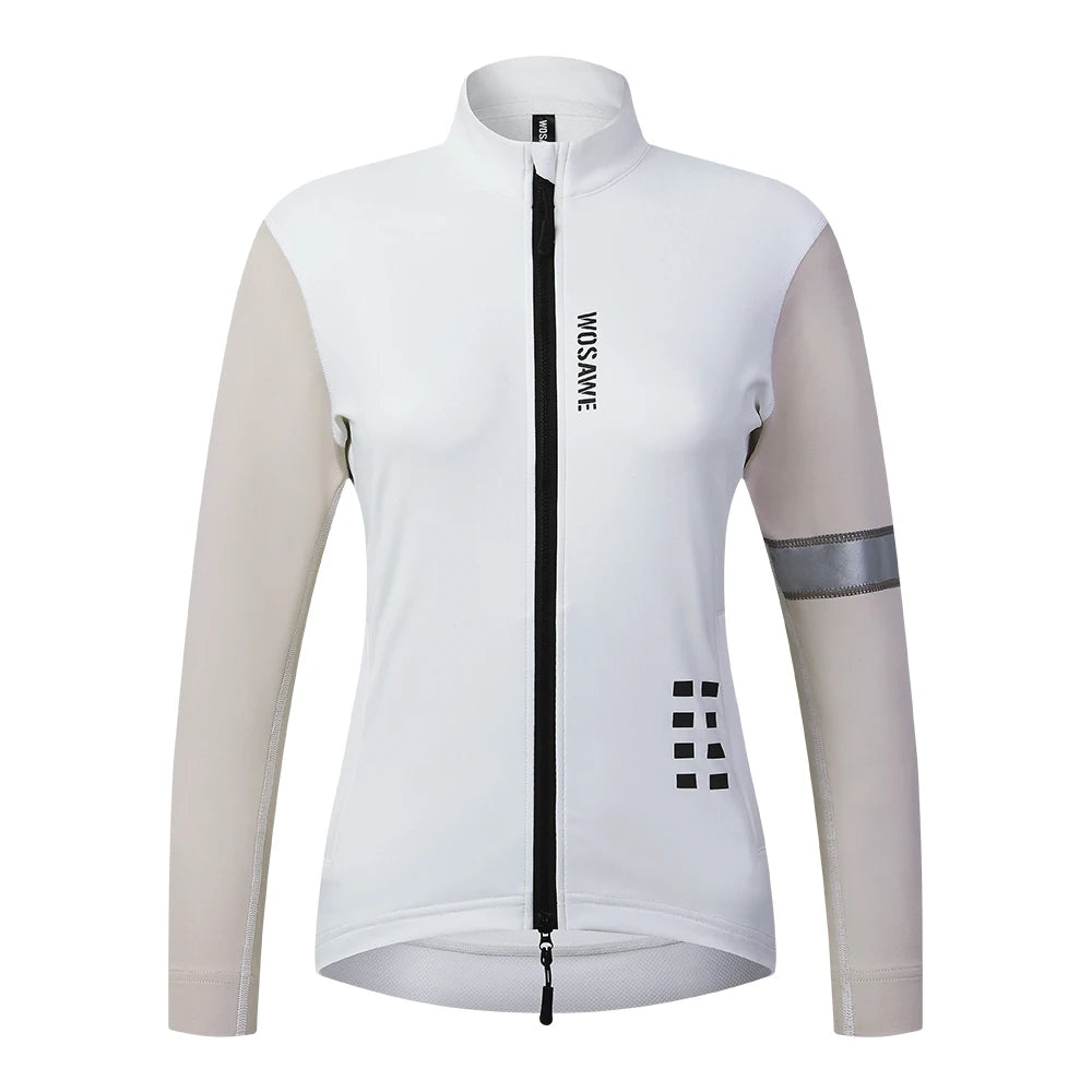 White cycling jacket with black zipper on a white background