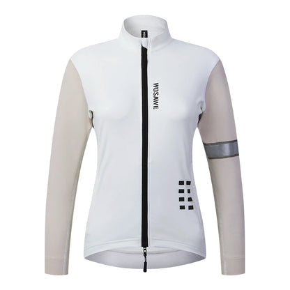 White cycling jacket with black zipper on a white background