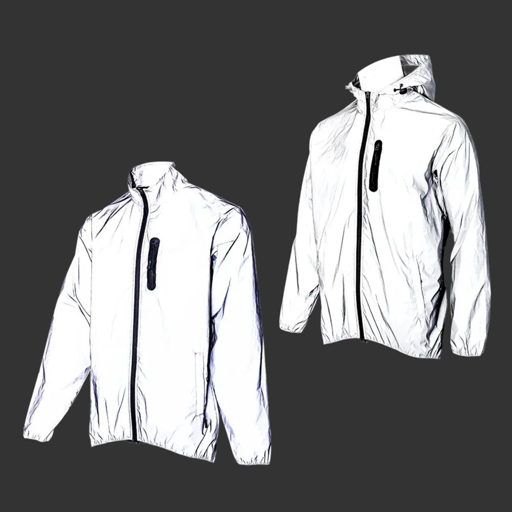 White cycling jacket with reflective elements on a black background.