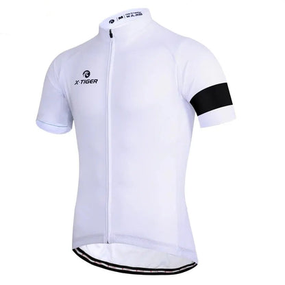 White cycling jersey with black accents on a white background