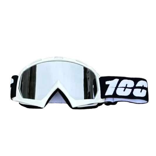 White goggles with a black strap featuring the number '100' on a white background