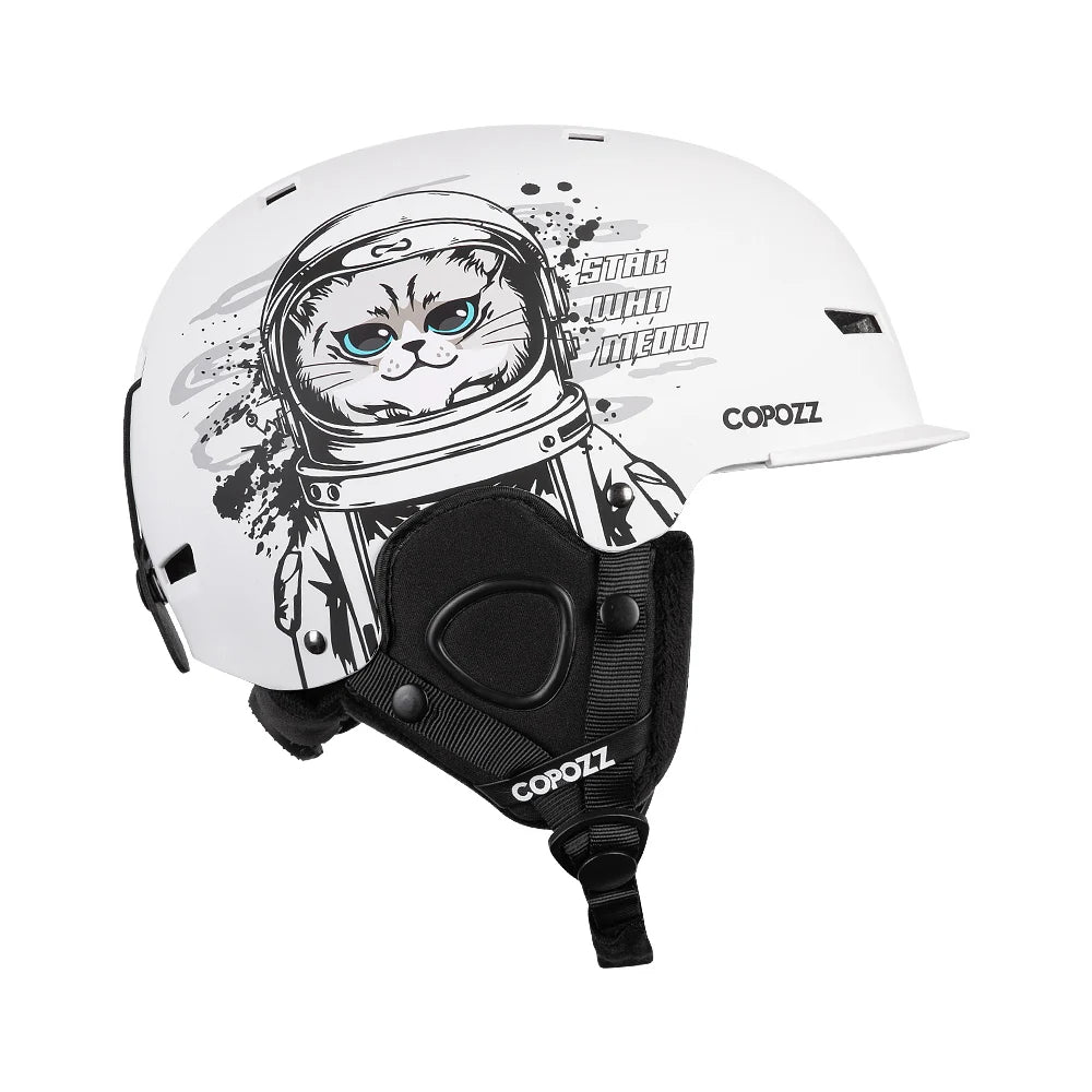 White helmet with a cat design and 'Copozz' branding on a white background