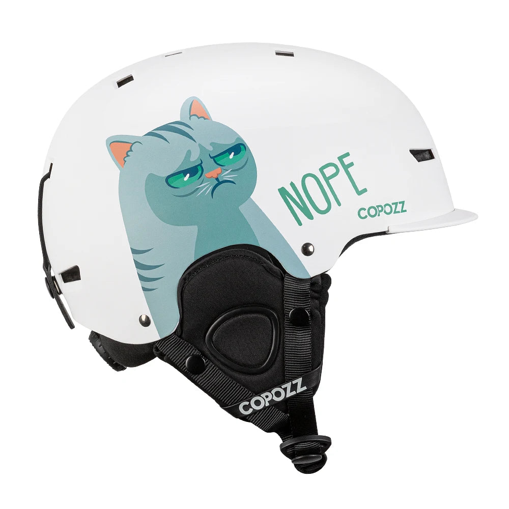 White helmet with a cat graphic and 'NOPE' text on a white background
