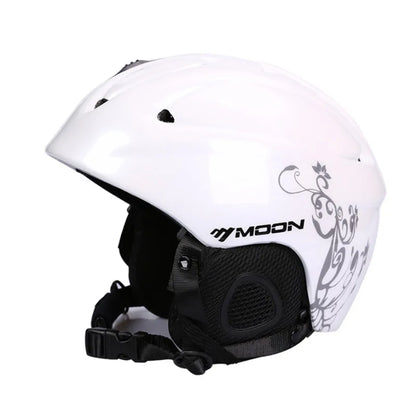 White helmet with black accents and 'MOON' branding on a white background