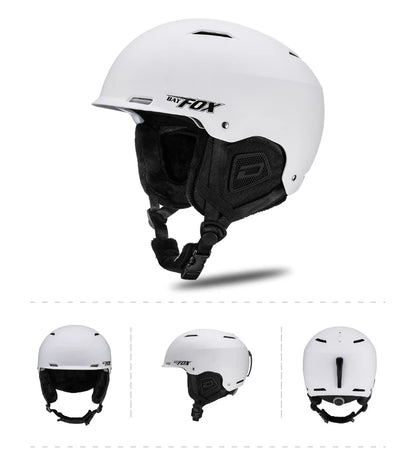 White helmet with black accents featuring 'Fox' branding on a white background.