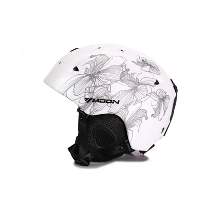 White helmet with black floral patterns and 'MOON' branding on a white background