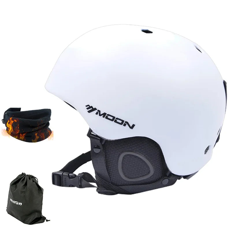 White helmet with black strap, neck gaiter, and pouch on a white background