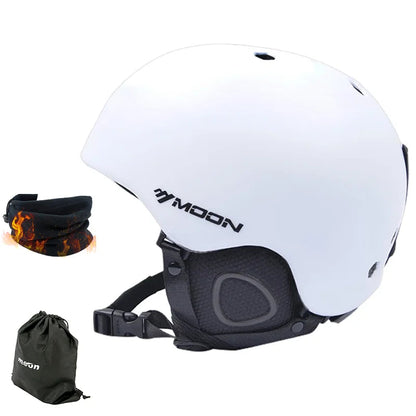 White helmet with black strap, neck gaiter, and pouch on a white background