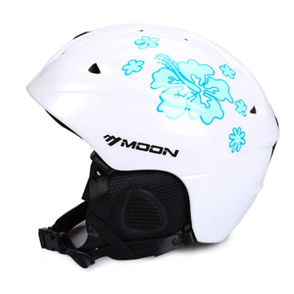 White helmet with blue floral designs and 'MOON' branding on a white background