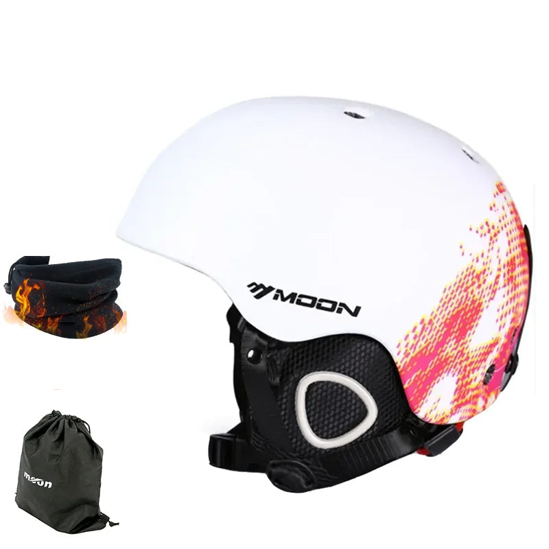 White helmet with colorful design, black neck gaiter, and black drawstring bag on a white background