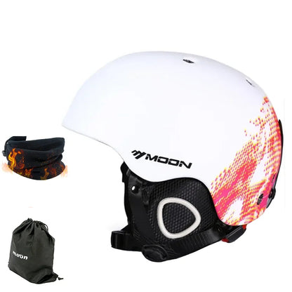 White helmet with colorful design, black neck gaiter, and black drawstring bag on a white background