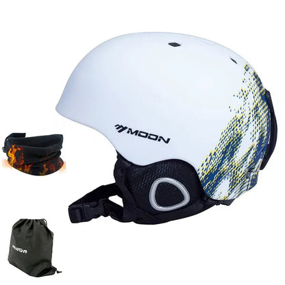 White helmet with colorful design, neck gaiter, and drawstring bag on a white background