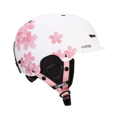 White helmet with pink floral design and COPOZZ branding on a white background