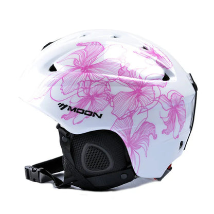 White helmet with pink floral patterns and 'MOON' branding on a white background