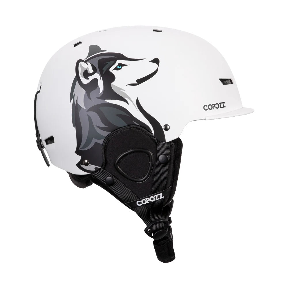White helmet with wolf design and 'Copozz' branding on a white background