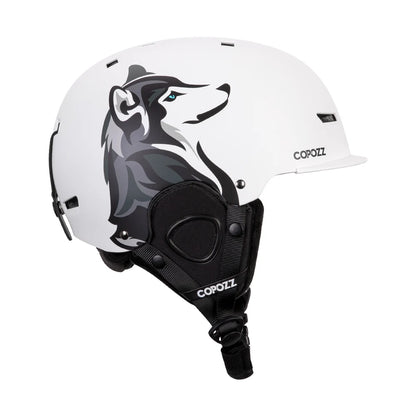 White helmet with wolf design and 'Copozz' branding on a white background