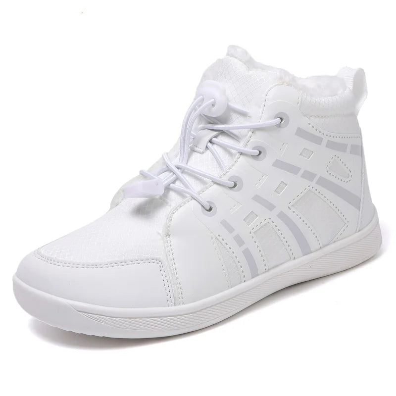 White high-top sneaker with gray accents on a white background.