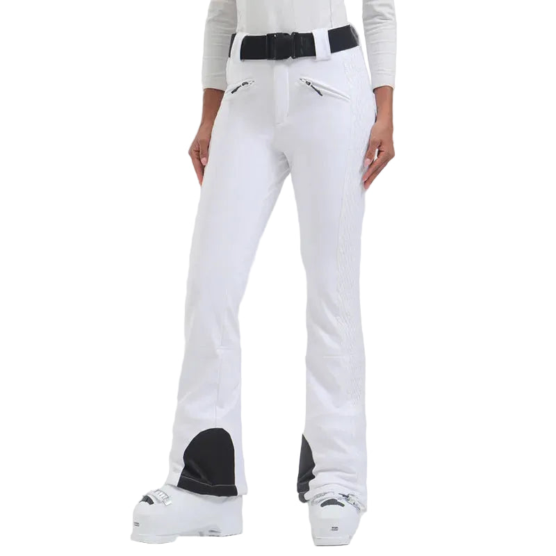 White pants with black accents worn by a person on a white background