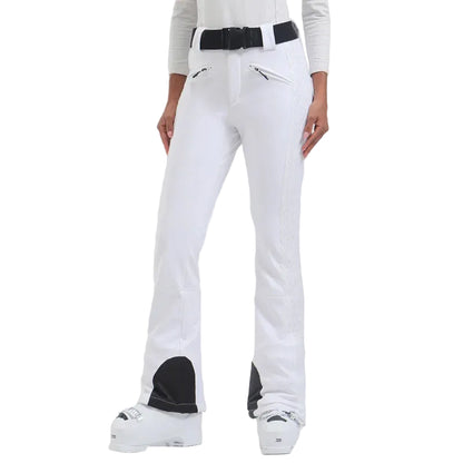 White pants with black accents worn by a person on a white background