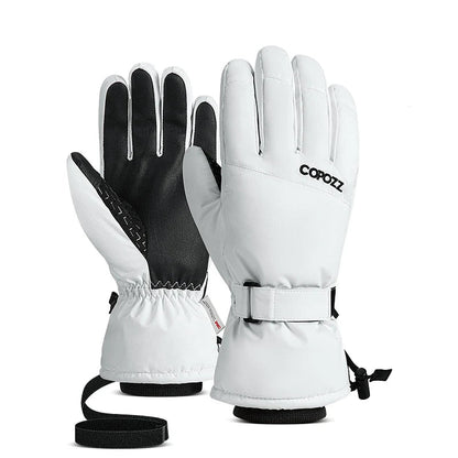 White ski gloves with black accents on a white background