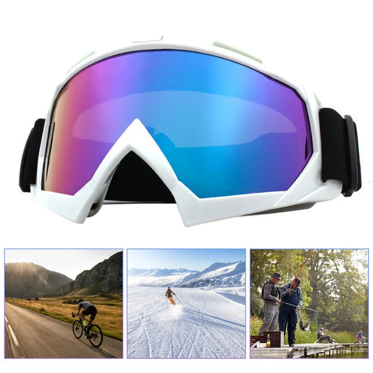 White ski goggles with colorful lens on a white background, with additional scenes of outdoor activities.