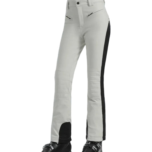 White ski pants with black accents on a snowy mountain background