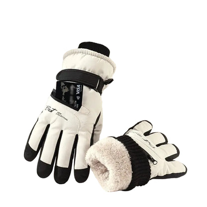 White skiing gloves with black accents and a zipper pocket on a white background