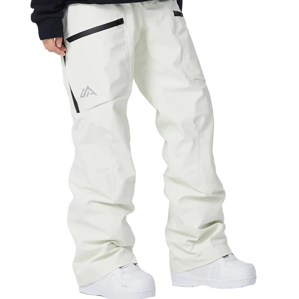 White snow pants with a logo on a white background