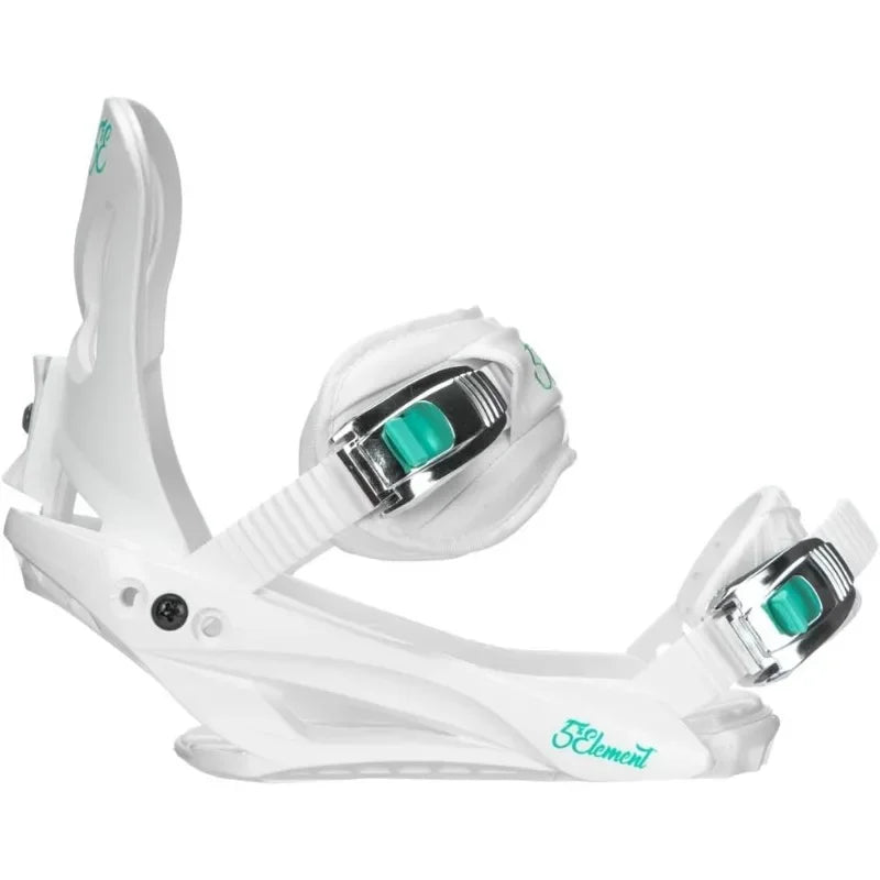 White snowboard binding with green accents on a white background